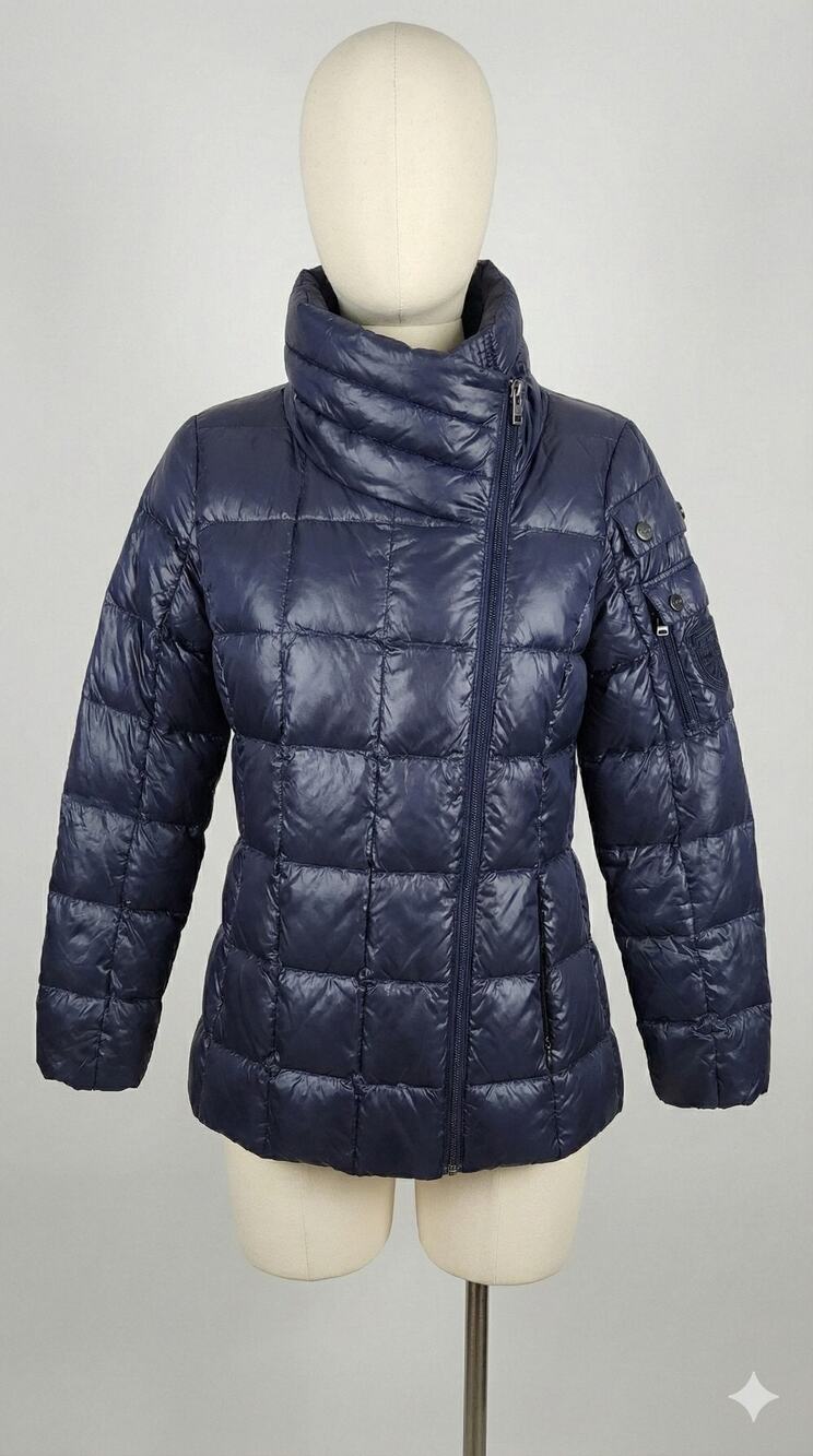 Ralph Lauren Navy Blue Puffer Coat Asymmetrical Zip Crest Patch Jacket
